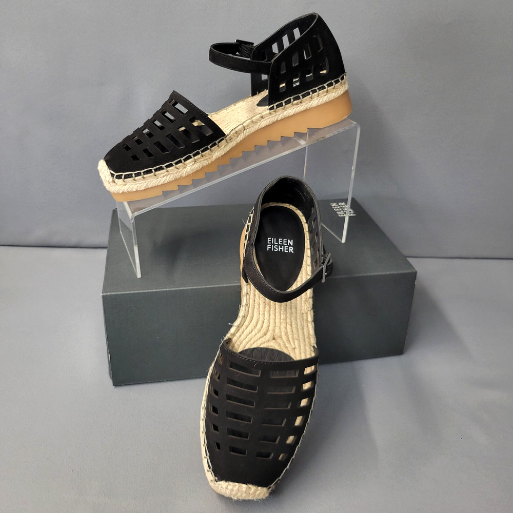 Eileen Fisher Shoes Womens 7 Black Tumbled Nubuck Bijou Espadrille Sandals NEW - Picture 2 of 12